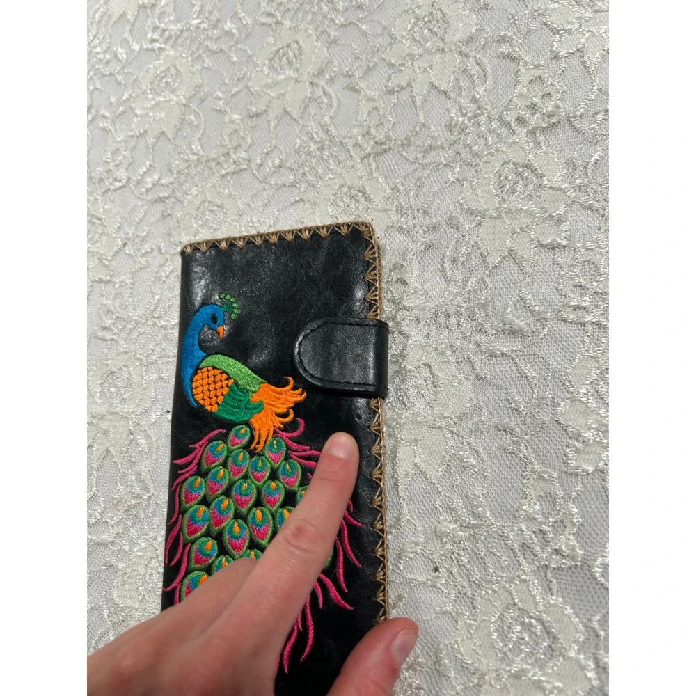Black Vegan Leather Embroidered Peacock Wallet Boho Eclectic Whimsical Hippie